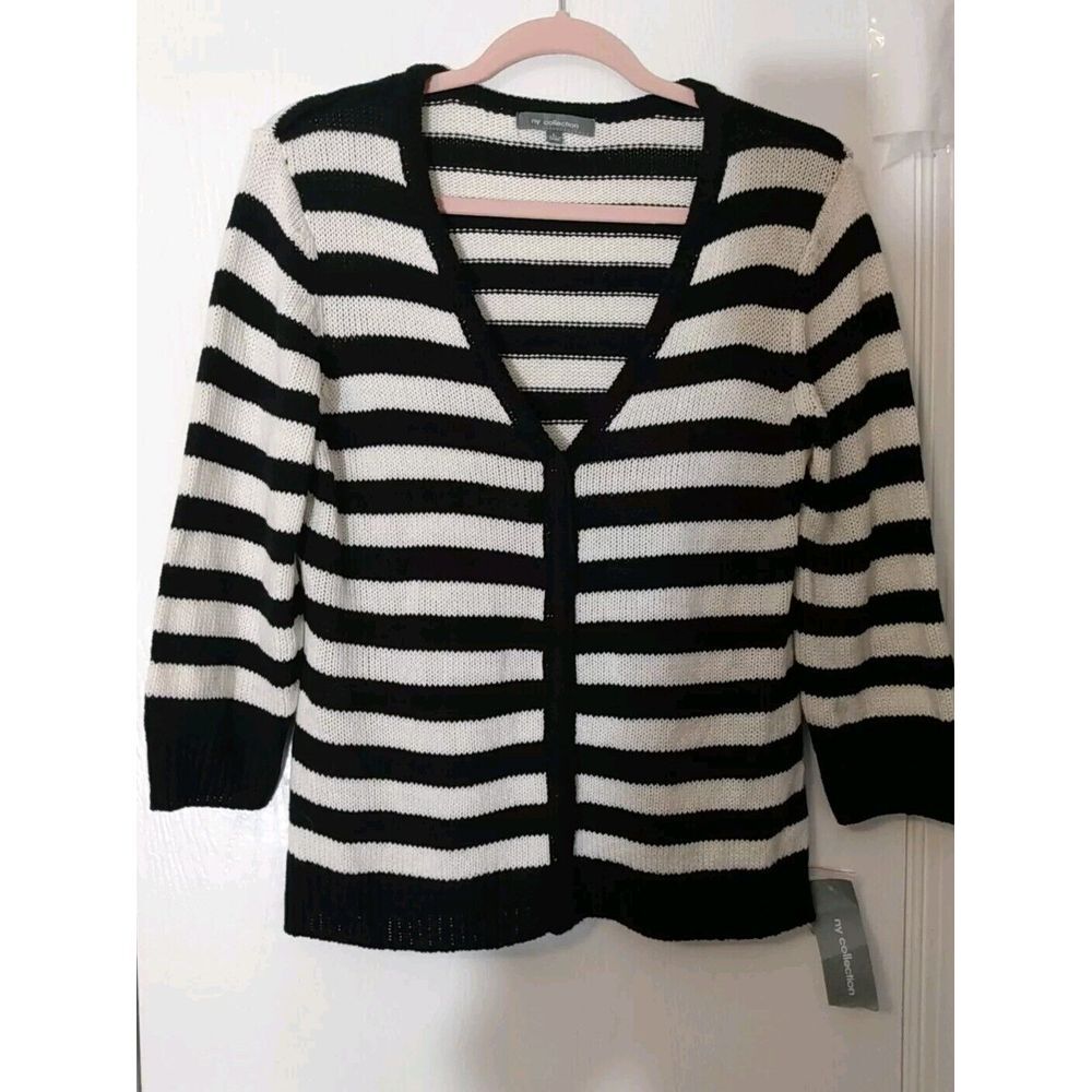 ny collection Black White Stripe 3/4 Sleeve Snap Button Knit‎ Sweater Size L